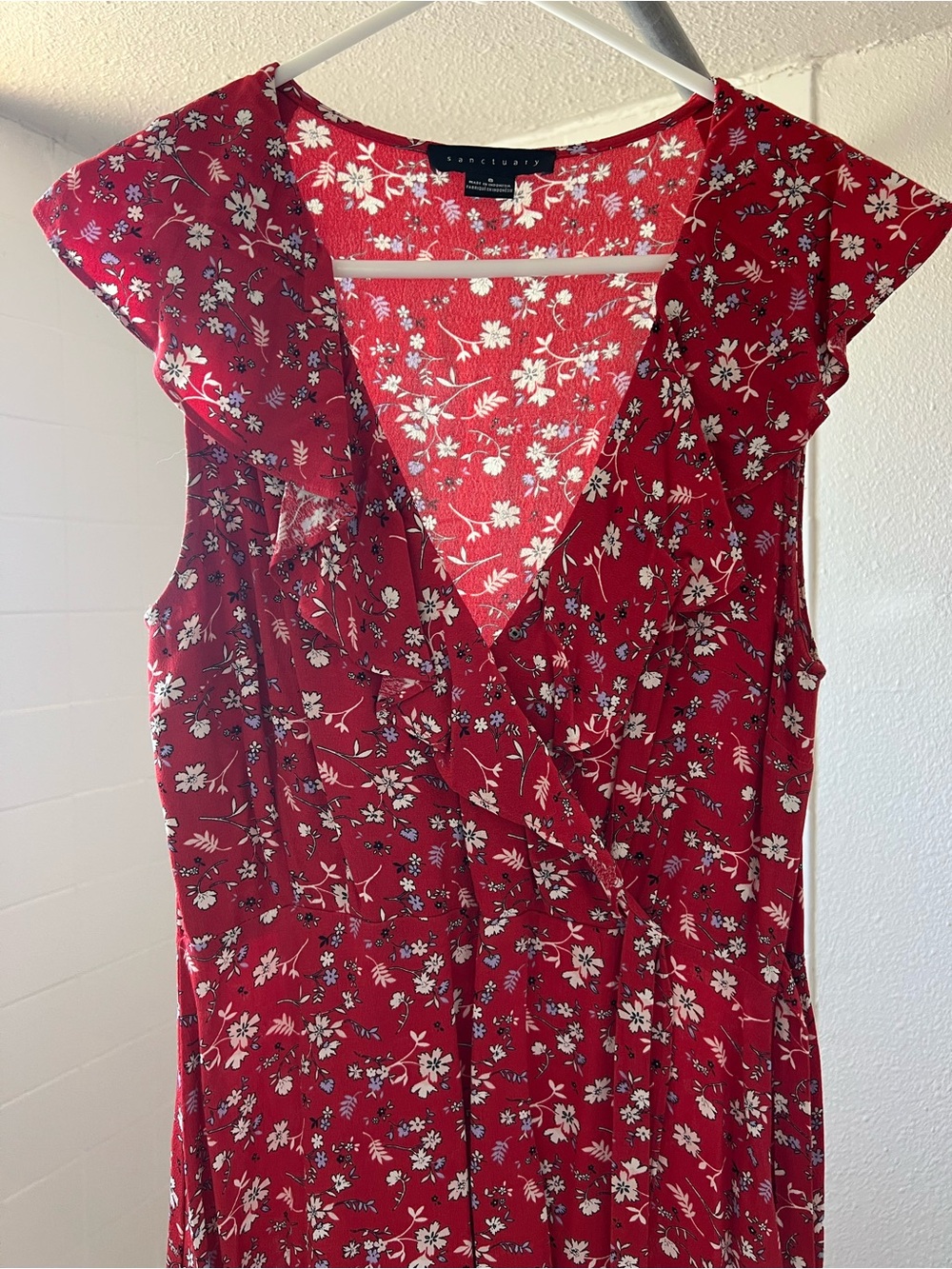 Sanctuary Red Floral Ruffle Wrap Dress